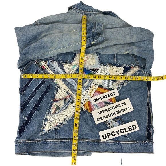 Upcycled Denim Jacket Womens Large Star Boho Grunge Patchwork Folk Art Coachella - Picture 10 of 14